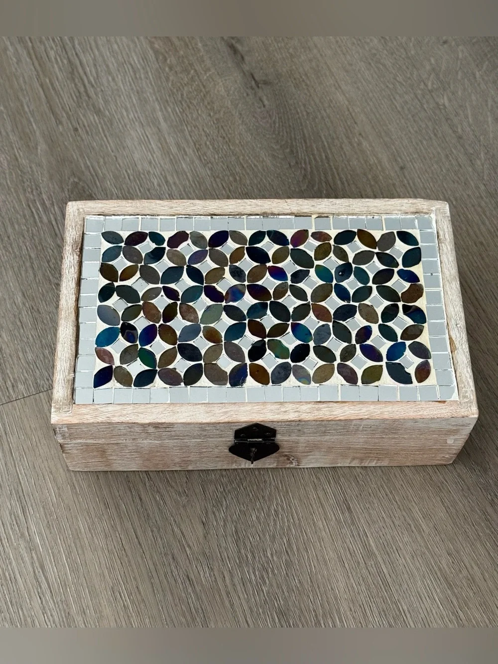 Vintage Handmade Wooden Trinket Box with Mosaic Tile Inlay and Lock